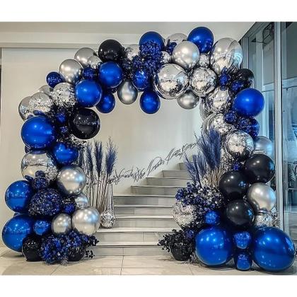 Imagem de Guirlanda de balão azul preto, recheado duplo, balões azul-marinho, azul royal, kit de arco de balão preto prateado para aniversário, Halloween, casamento, aniversário de formatura, decoração de festa de ano novo