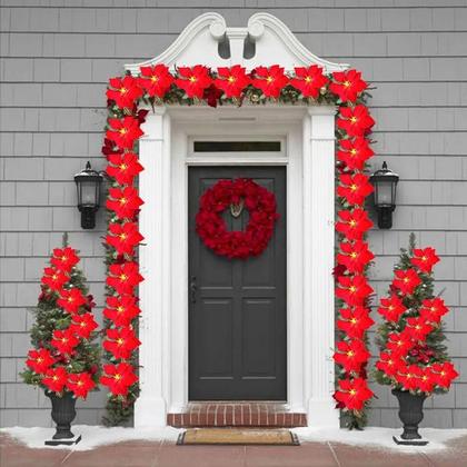 Imagem de Guirlanda de Natal Poinsettia com Luzes de Corda - Decoração Interna e Externa