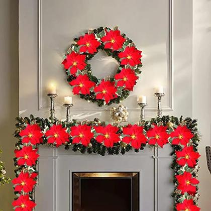Imagem de Guirlanda de Natal Poinsettia com Luzes de Corda - Decoração Interna e Externa