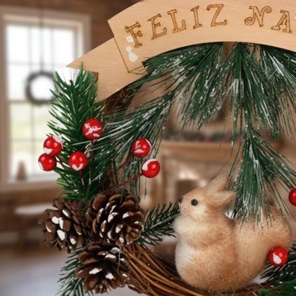 Imagem de Guirlanda Feliz Natal Com Esquilo E Pinhas 23cm Colorido