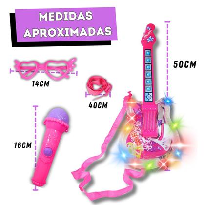 Imagem de Guitarra Infantil Menina Eletrônica Musical - Girls Rock + Microfone Sensor C/ Óculos Luzes e Sons