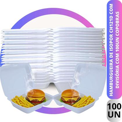 Imagem de Hamburgueira Isopor Ch121d Com Divisória Lanche Bar Restaurante Delivery 100 Unidades