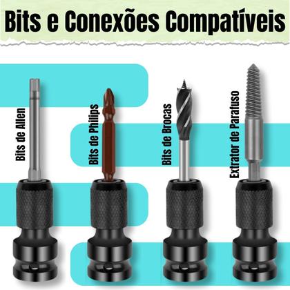 Imagem de Haste Soquete Adaptador Quadrado Chave De Impacto 1/2Pol Bits 1/4 Engate Rápido Parafusadeira Elétrica Pneumática Bateria Broca 