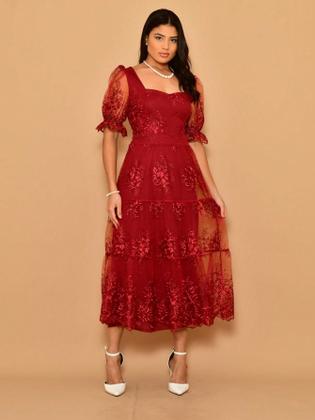 Imagem de Helena Vestido midi festa tule bordado manga curto 0115
