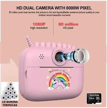 Imagem de HiMont Câmera infantil com impressão instantânea, câmera digital de selfie 32GB 10 Bobinas Filme