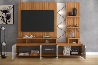 Imagem de Home Belfast Frisado Painel P/ TVs Até 55'' c/ 4 Portas e Prateleiras p/ Decoração - Jequitiba/Off White Perolizado