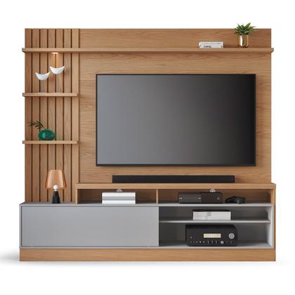 Imagem de Home Estante Para TV 65 Pillar Detalhe Ripado e Nichos com Led Freijó/Cinza Fosco G73 - Gran Belo