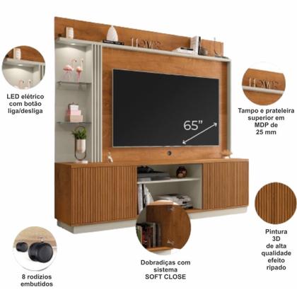 Imagem de Home Painel Bechara Atlanta com LED para TV de ate 65 polegadas pés de rodízios Naturale OFF White