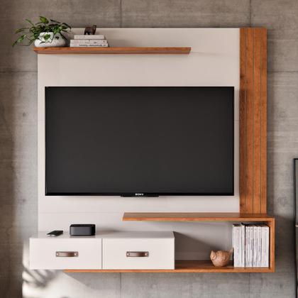 Imagem de Home Ripado Painel Estante Bancada Aéreo Suspenso de Parede Sala Estar Tv 60 Polegadas Prateleira Decoração Organic Offwhite