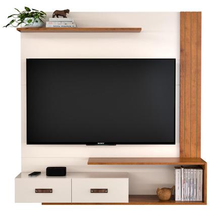 Imagem de Home Ripado Painel Estante Bancada Aéreo Suspenso de Parede Sala Estar Tv 60 Polegadas Prateleira Decoração Organic Offwhite