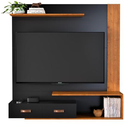 Imagem de Home Ripado Painel Estante Bancada Aéreo Suspenso de Parede Sala Estar Tv 60 Polegadas Prateleira Decoração Organic Preto
