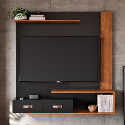 Imagem de Home Ripado Painel Estante Bancada Aéreo Suspenso de Parede Sala Estar Tv 60 Polegadas Prateleira Decoração Organic Preto