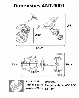 Imagem de Hoverkart Carrinho Hoverboard Com Volante Amortecedor 4,5 6,5 8,5 10 polegadas Branco