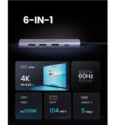 Imagem de Hub 6 em 1 Ugreen Tipo-C para HDMI + 2 USB + SD Card / TF Card + PD