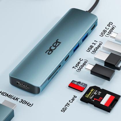 Imagem de HUB Acer ODK360 USB-C 3.1, 7 em 1, para HDMI, 2x USB 3.1, USB-C 3.1, USB-C 90W, Cartão SD e Micro SD - GP.DCK11.02A
