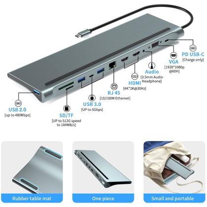 Imagem de Hub Adaptador 12 Em 1 Tipo C Usb 3.0 Hdmi Rj45 Micro Sd Tf