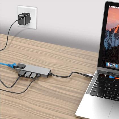 Imagem de Hub Adaptador Dock Station 6 em 1 USB-C 3.0 4K HDTV RJ45