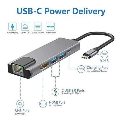 Imagem de Hub Adaptador Dock Station 6 em 1 USB-C 3.0 4K HDTV RJ45