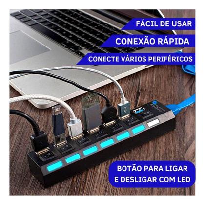 Imagem de Hub Cabo Extensor Régua Usb 3.0 7 Portas Com Led High Speed Hd Pen Drive Pc - Envio Rápido