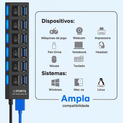 Imagem de Hub Cabo Extensor Régua Usb 3.0 7 Portas Com Led High Speed Hd Pen Drive Pc - Envio Rápido
