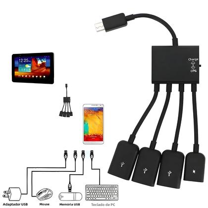 Imagem de Hub Extensor OTG Micro USB Tipo-C Preto Com 4 Portas Para Tablets Android, Smartphones, Pen Drives E