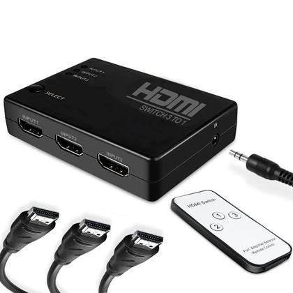 Imagem de Hub Hdmi 3x1 Seletor De Canal Com Controle Remoto 3 Entradas 1 Saída