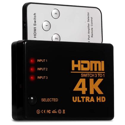 Imagem de Hub Switch Hdmi com 3 Entradas e 1 Saída Chaveador Divisor Full HD 1080p 4k 3D Com Controle