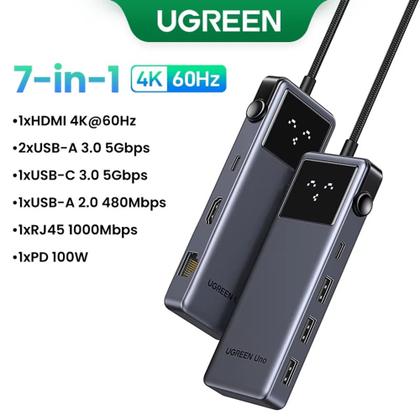 Imagem de Hub Ugreen USB-C para HDMI + USB-C + 3xUSB-A + RJ45 + Conversor de energia PD (7 em 1)