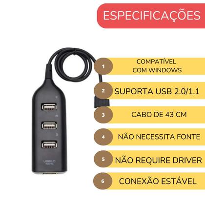 Imagem de Hub Usb 2.0 4 Portas Extensor Usb Notebook Velocidade 480mb