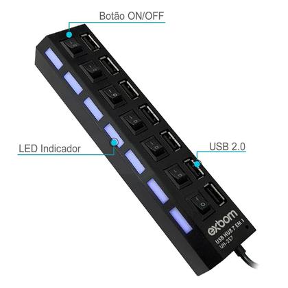 Imagem de Hub Usb 2.0 7 Portas c/ Chave Individual Led Alta Velocidade