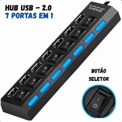 Imagem de Hub USB 2.0 com 7 Portas, Controle Individual  Ideal para HDs e Pen Drives