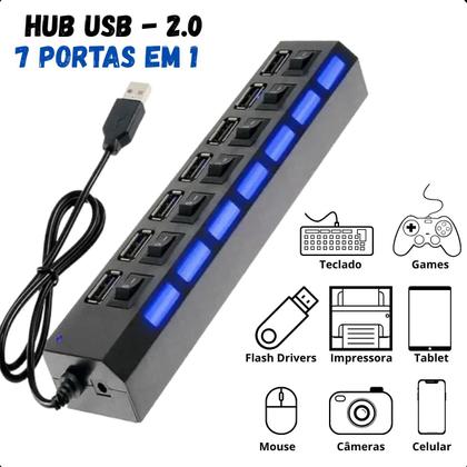 Imagem de Hub USB 2.0 com 7 Portas  Para Conectar Dispositivos Externos com Facilidade