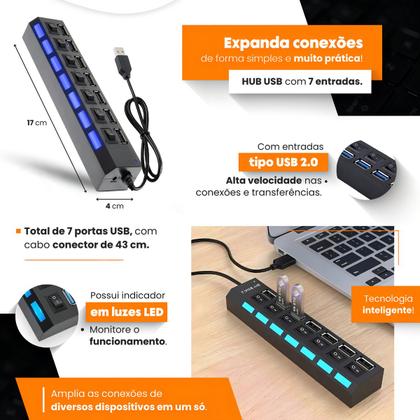 Imagem de Hub Usb 2.0 Com 7 Portas Switch On/off Possui Led Indicador