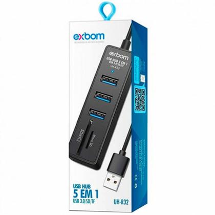 Imagem de Hub Usb 3.0 5 em 1 com 3 portas Usb e 2 portas com Leitor para Sd Exbom - UH-R32