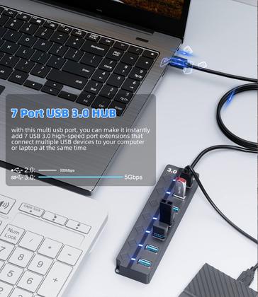 Imagem de Hub USB 3.0 PANPEO Divisor de hub de dados USB de 7 portas com cabo de 3 pés