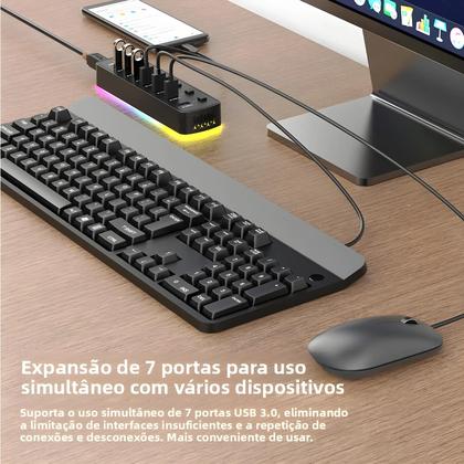 Imagem de Hub USB 3.0 RGB Com 7 Portas, Adaptador De Dados De 5Gbps, Interruptor Individual Liga/Desliga,
