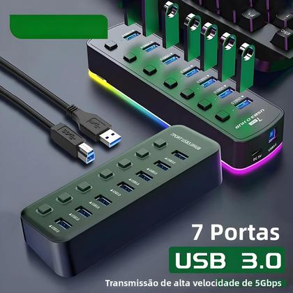 Imagem de Hub USB 3.0 RGB Com 7 Portas, Adaptador De Dados De 5Gbps, Interruptor Individual Liga/Desliga,