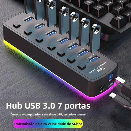 Imagem de Hub USB 3.0 RGB Com 7 Portas, Adaptador De Dados De 5Gbps, Interruptor Individual Liga/Desliga,