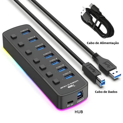 Imagem de Hub USB 3.0 RGB Com 7 Portas, Adaptador De Dados De 5Gbps, Interruptor Individual Liga/Desliga,