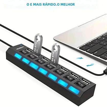 Imagem de Hub USB 4/7 Portas Alta Velocidade com LED - Adaptador para PC e Laptop