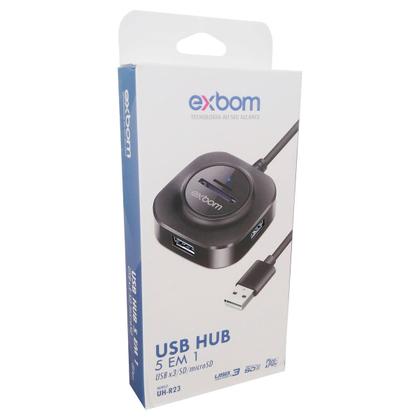 Imagem de HUB USB 5 em 1 com 3 Portas USB 2.0 + 1 Leitor de Cartão microSD + 1 SD Exbom UH-R23
