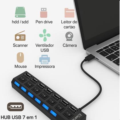 Imagem de Hub USB 7 Portas  Para Conectar HD Externo, Pendrive, Teclado e Outros