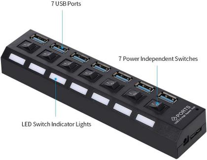 Imagem de HUB USB, 7 portas USB 3.0 HUB USB Splitter 7 portas expansor com switch para PC 3.0