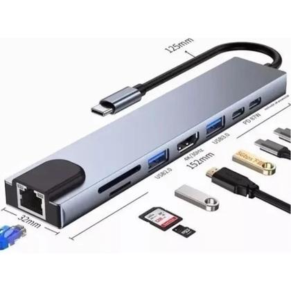 Imagem de Hub USB-C 8 em 1 com HDMI 4K, Ethernet RJ45, Carregamento PD, 2 Portas USB 3.0, Leitor SD