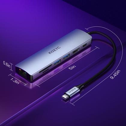 Imagem de Hub USB-C KOZYC 7 em 1 com HDMI 4K 60 Hz, Ethernet de 1 Gbps, PD de 100 W