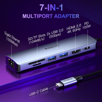 Imagem de Hub USB-C KOZYC 7 em 1 com HDMI 4K 60 Hz, Ethernet de 1 Gbps, PD de 100 W