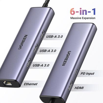 Imagem de Hub USB C UGREEN Revodok 6 em 1 com Gigabit Ethernet 4K HDMI