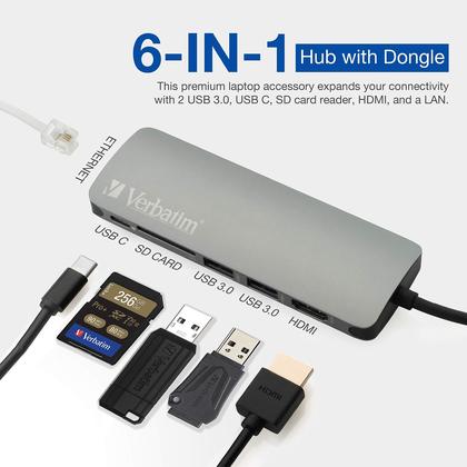 Imagem de Hub USB C Verbatim 6 em 1 com 2 portas USB 3.0, 4K HDMI, Ethernet