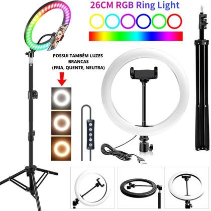 Imagem de Iluminador Ring Light Rgb Luz Colorida + Tripé 2 metros Suporte celular Vídeos Insta Tiktok