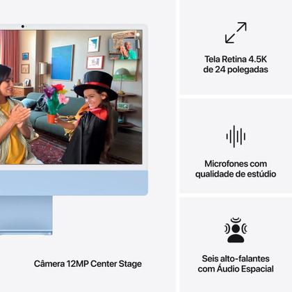 Imagem de iMac Apple Tela Retina 24" 4.5K, Chip M4, CPU 10 Núcleos, GPU 10 Núcleos, Neural Engine de 16 Núcleos, 16GB RAM, 512GB SSD, Azul - MWV33BZ/A